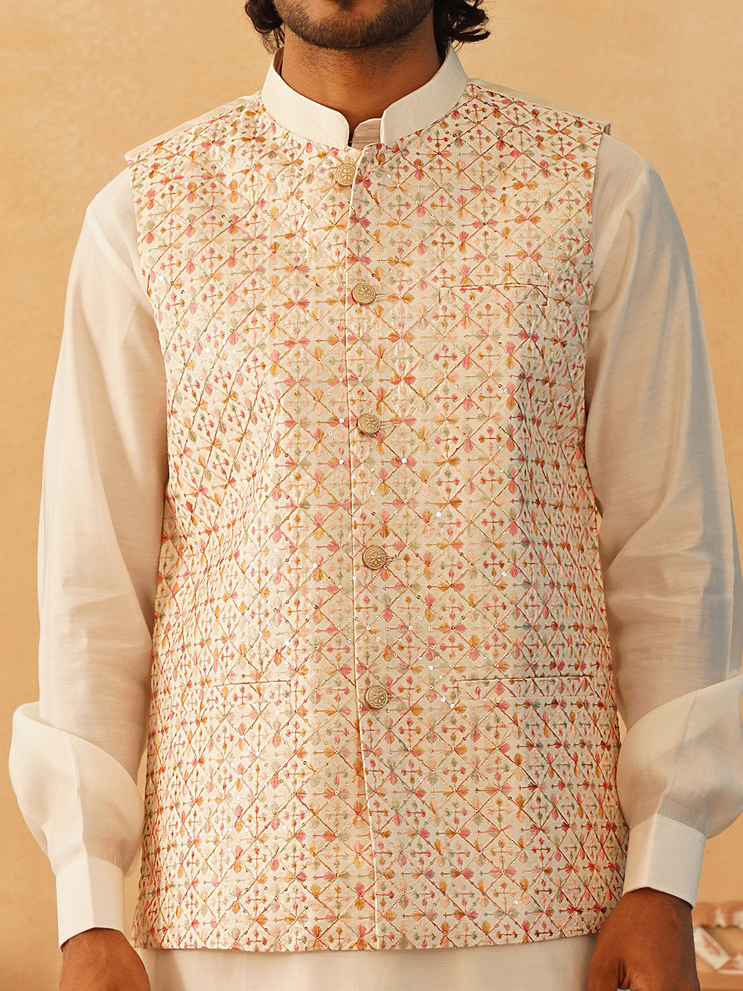 Embroidered With Sequin Silk Blend Nehru Jacket