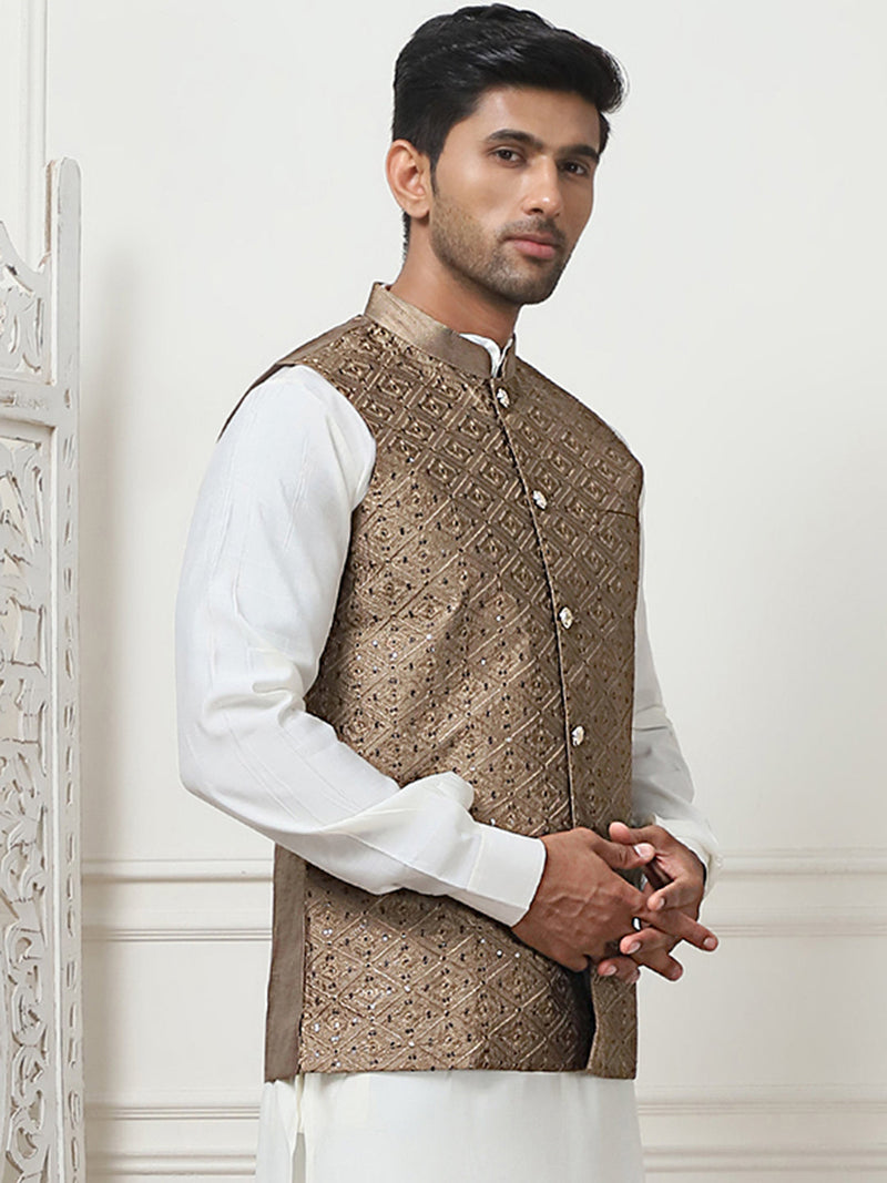 Embroidered With Sequin Silk Blend Nehru Jacket