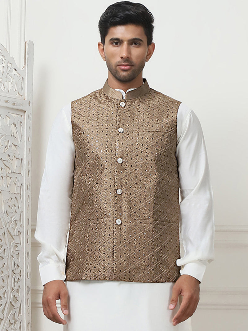 Embroidered With Sequin Silk Blend Nehru Jacket