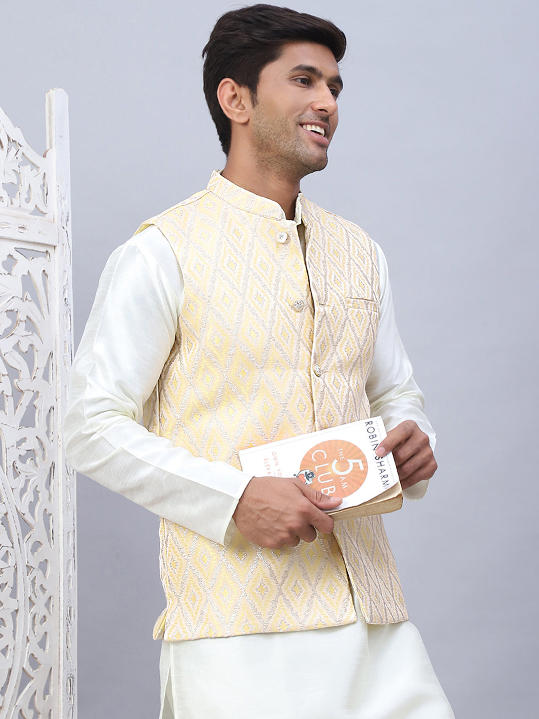 Embossed Silk Blend Nehru Jacket
