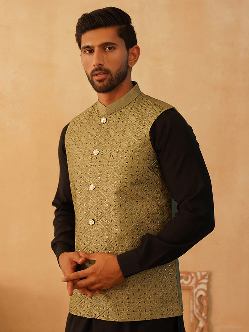 Embroidered With Sequin Silk Blend Nehru Jacket