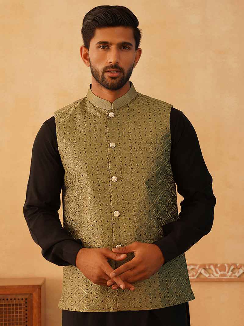 Embroidered With Sequin Silk Blend Nehru Jacket