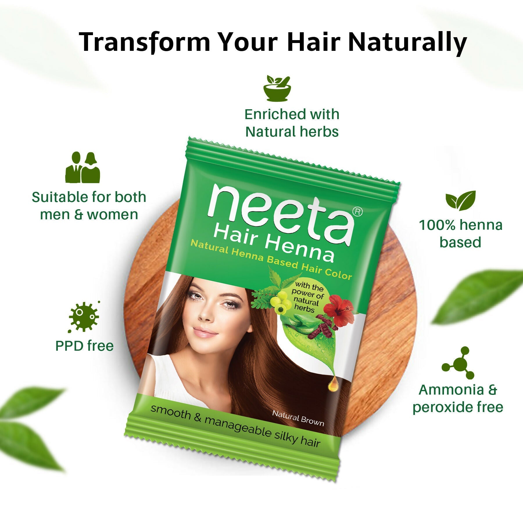 Neeta Henna Powder for Hair, Henna-Based Hair Color Natural Brown (Pack of 8)