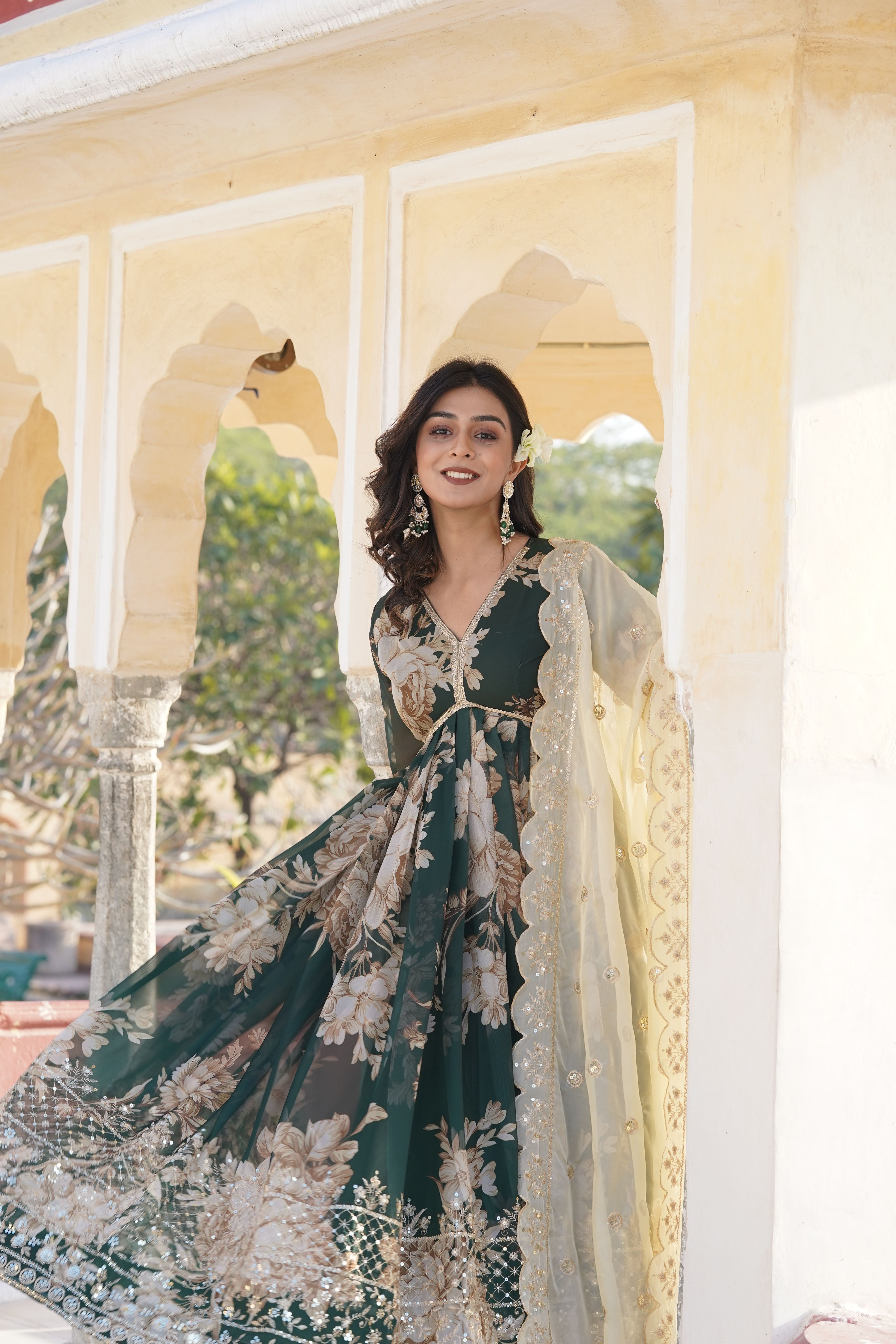 Aastha Green Faux Blooming with Gown fabric Embroidery Zari Sequins