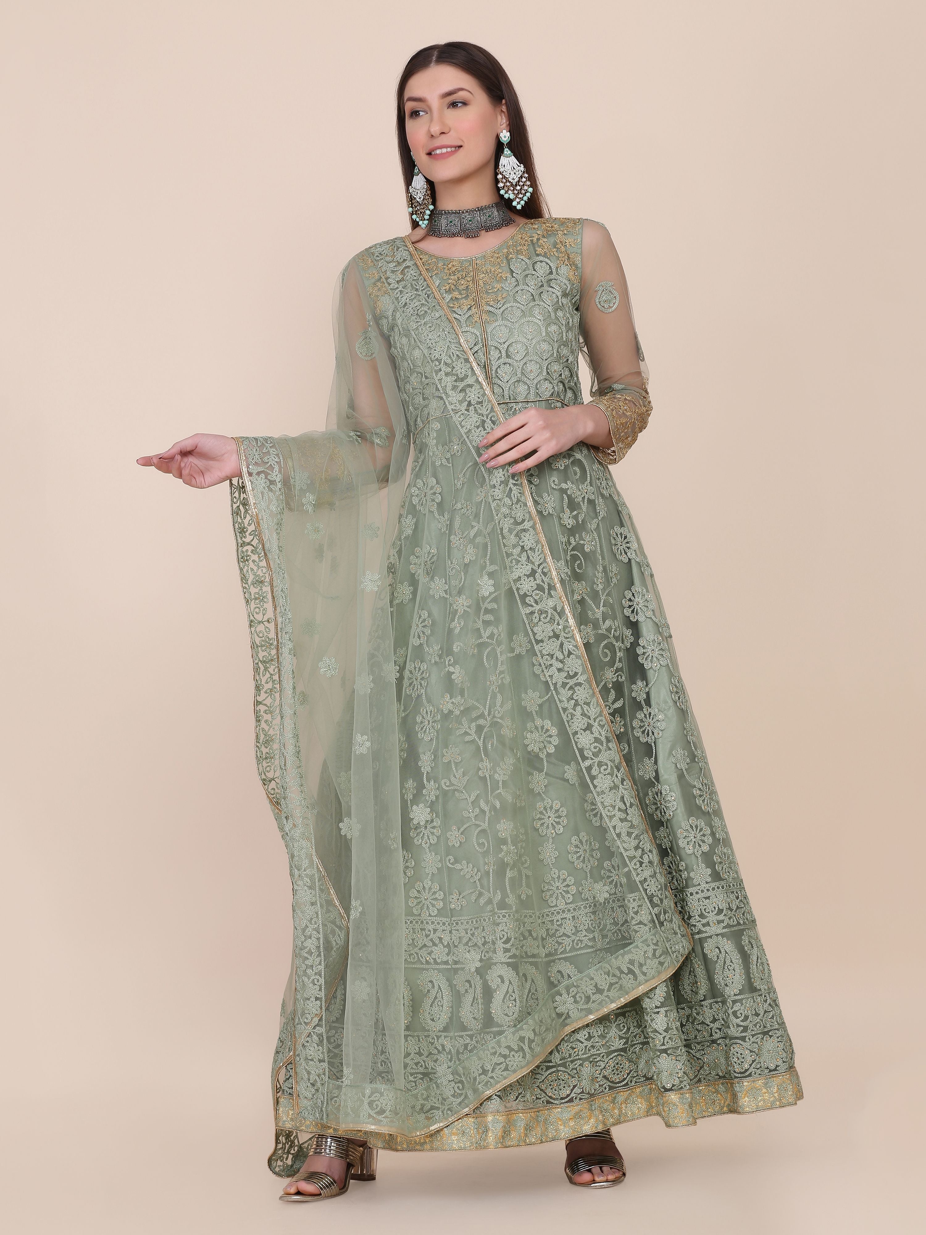 Aastha Light Freen Dupatta with Net top fabric Crepe Bottom fabric