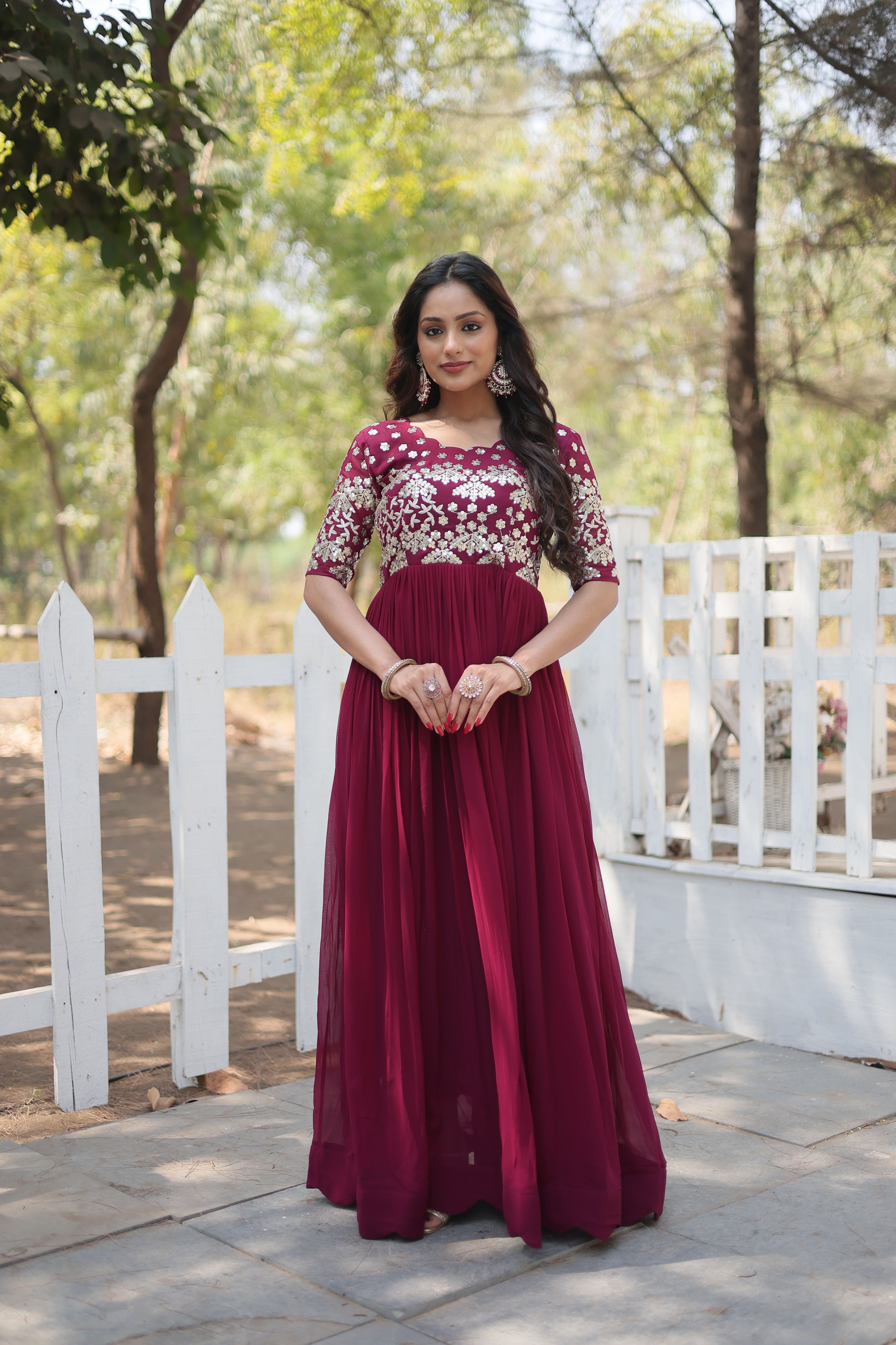 Aastha plum with Gown Faux Blooming Georgette Embroidery Zari Sequins-work