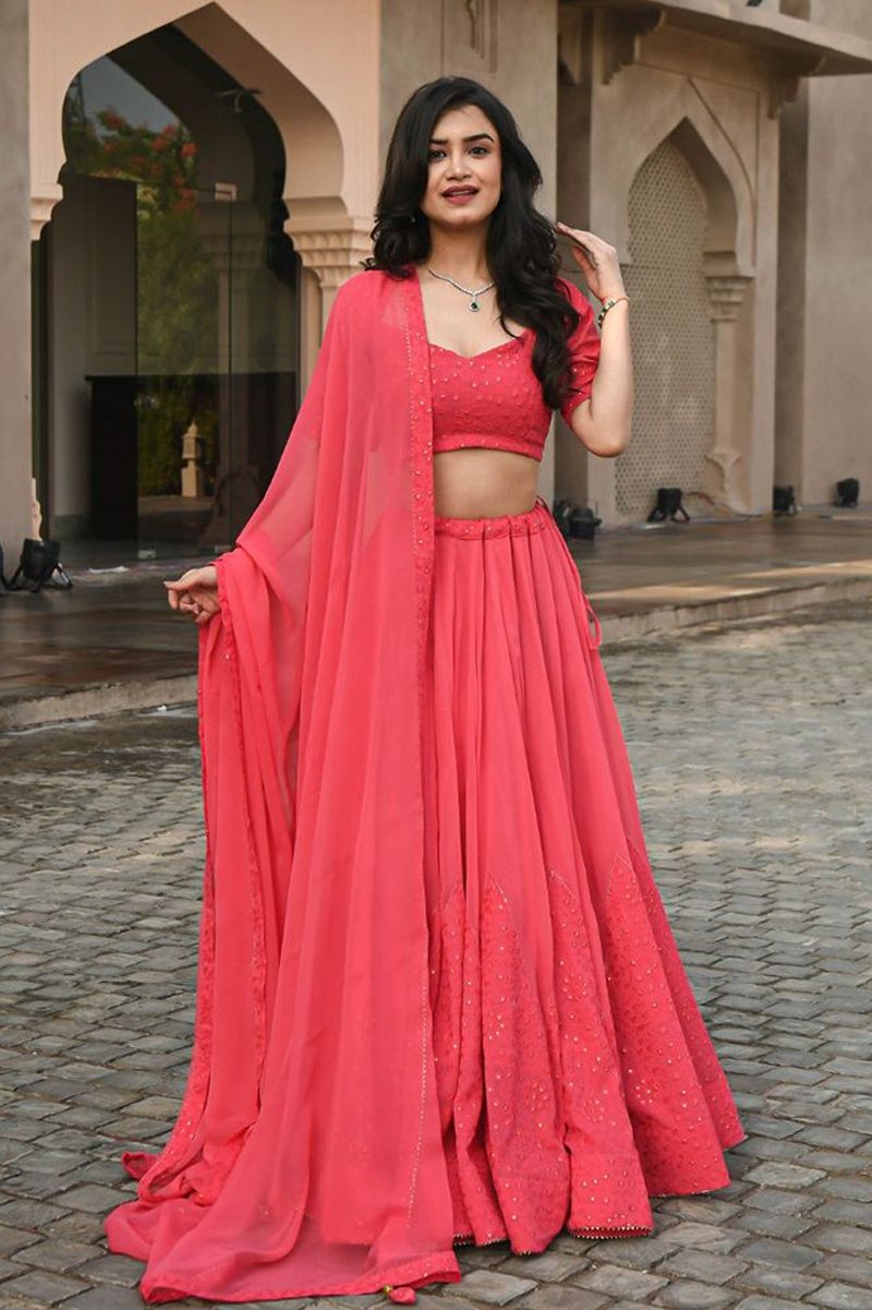 Aastha fashion Coral Georgette lehanga blouse Embroidered work - Prithvi Mart