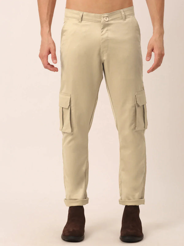 Jainish Men's Casual Cotton Solid Cargo Pants ( KGP 154 Beige )