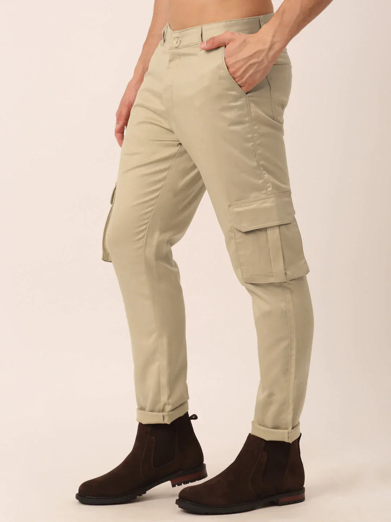 Jainish Men's Casual Cotton Solid Cargo Pants ( KGP 154 Beige )