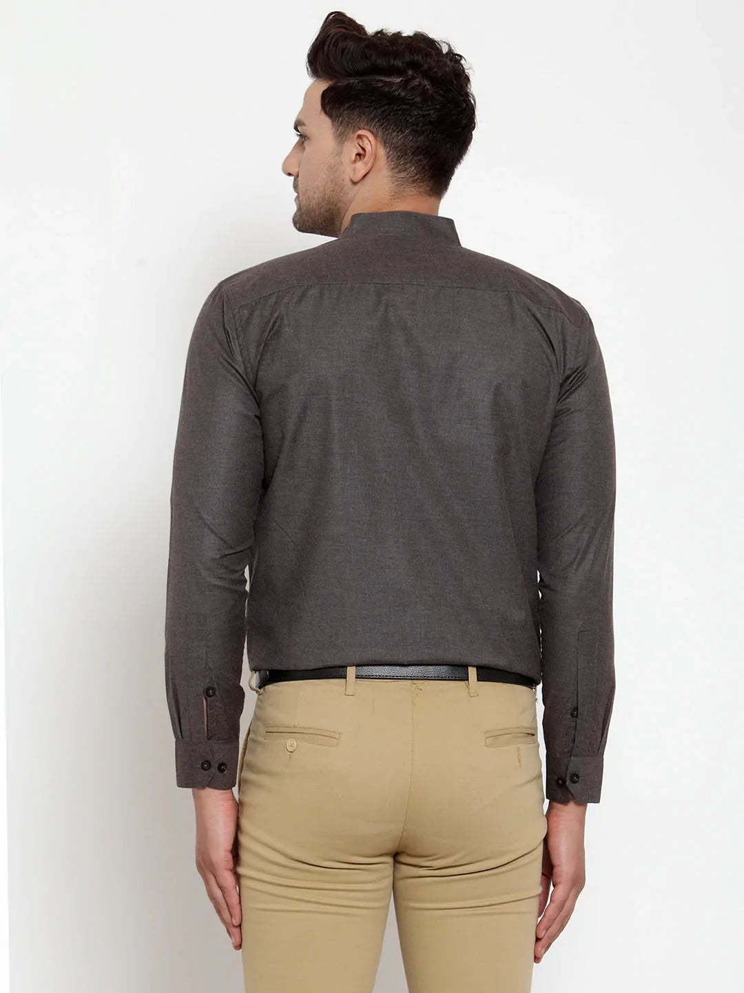 Jainish Grey Melange Men's Cotton Solid Mandarin Collar Formal Shirts ( SF 726Charcoal )