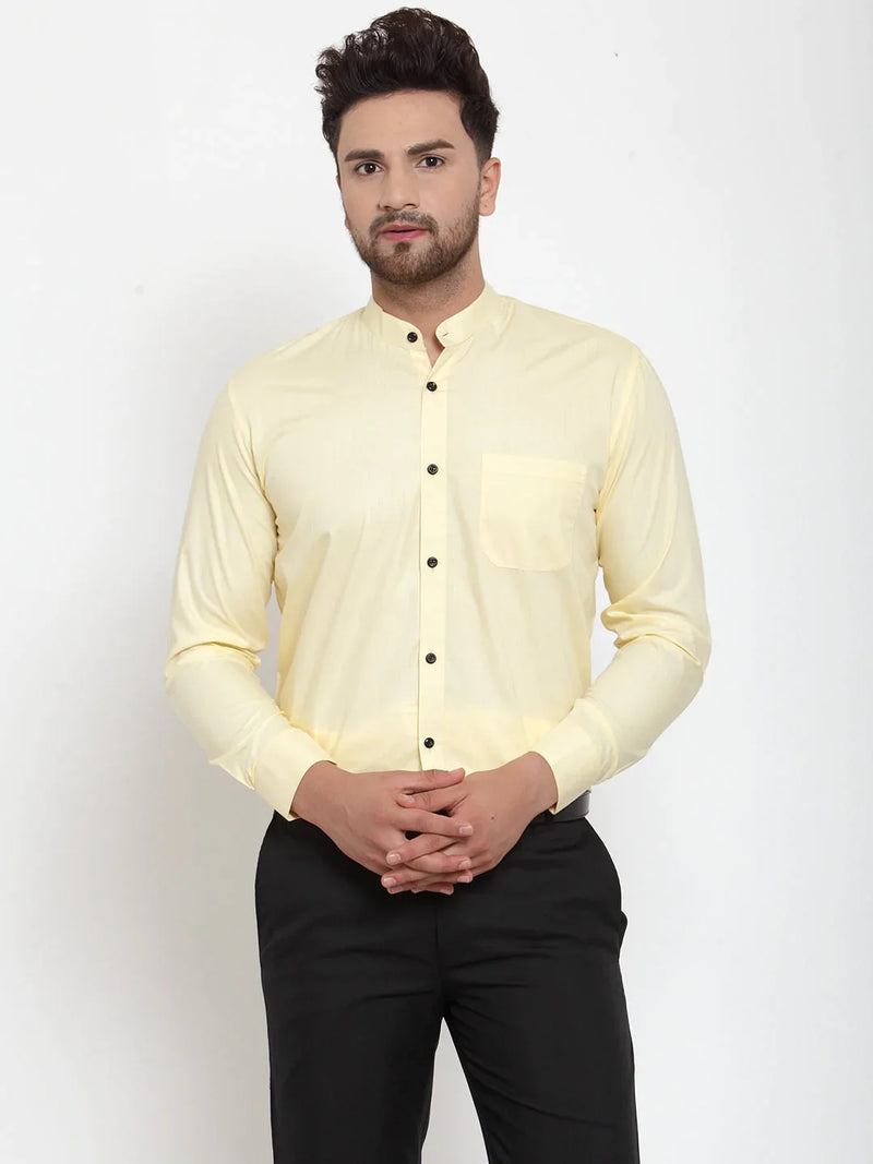 Jainish Yellow Men's Cotton Solid Mandarin Collar Formal Shirts ( SF 726Lime )