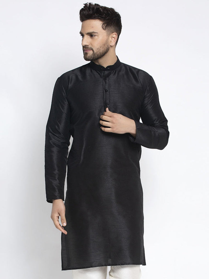 Jompers Men's Black Solid Dupion Silk Kurta Only