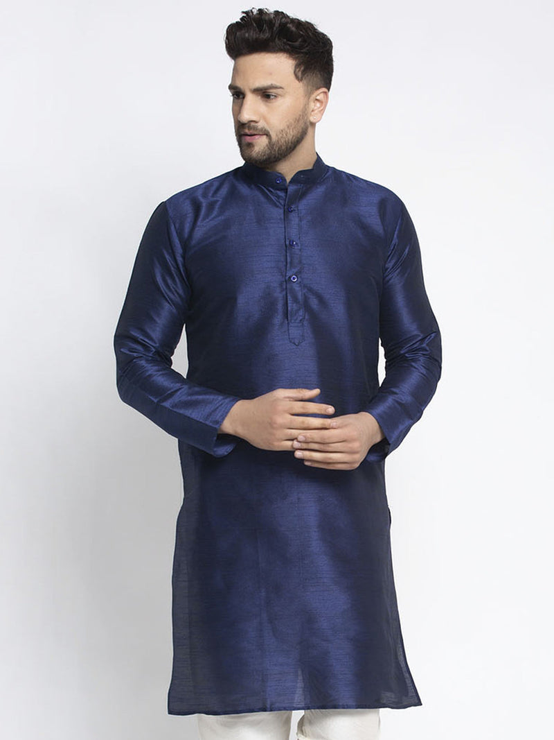 Jompers Men's Navy Solid Dupion Silk Kurta Only