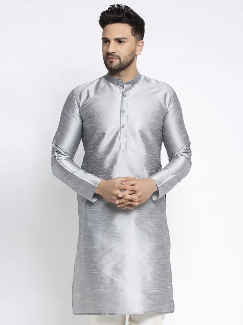 Jompers Men's Silver Solid Dupion Silk Kurta Only( KO 636 Silver )