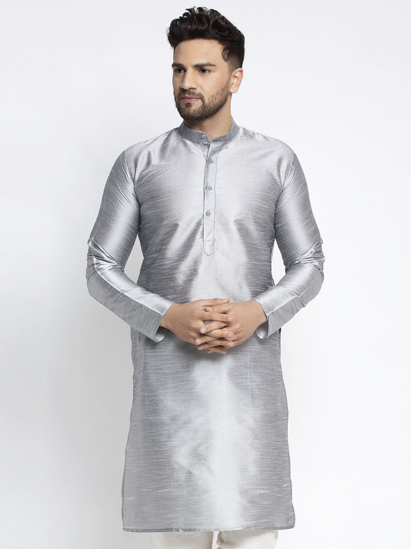 Jompers Men's Silver Solid Dupion Silk Kurta Only