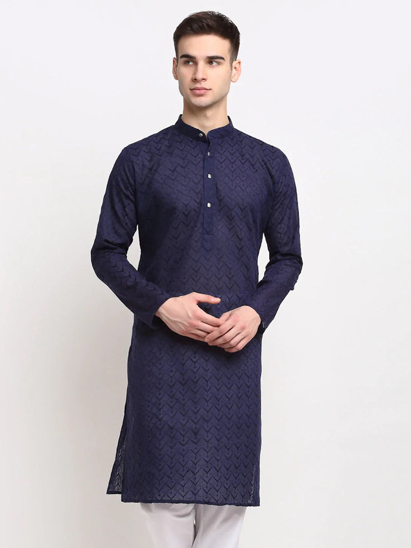 Jompers Men Navy Blue Chikan Kurta Only ( KO 561 Navy )