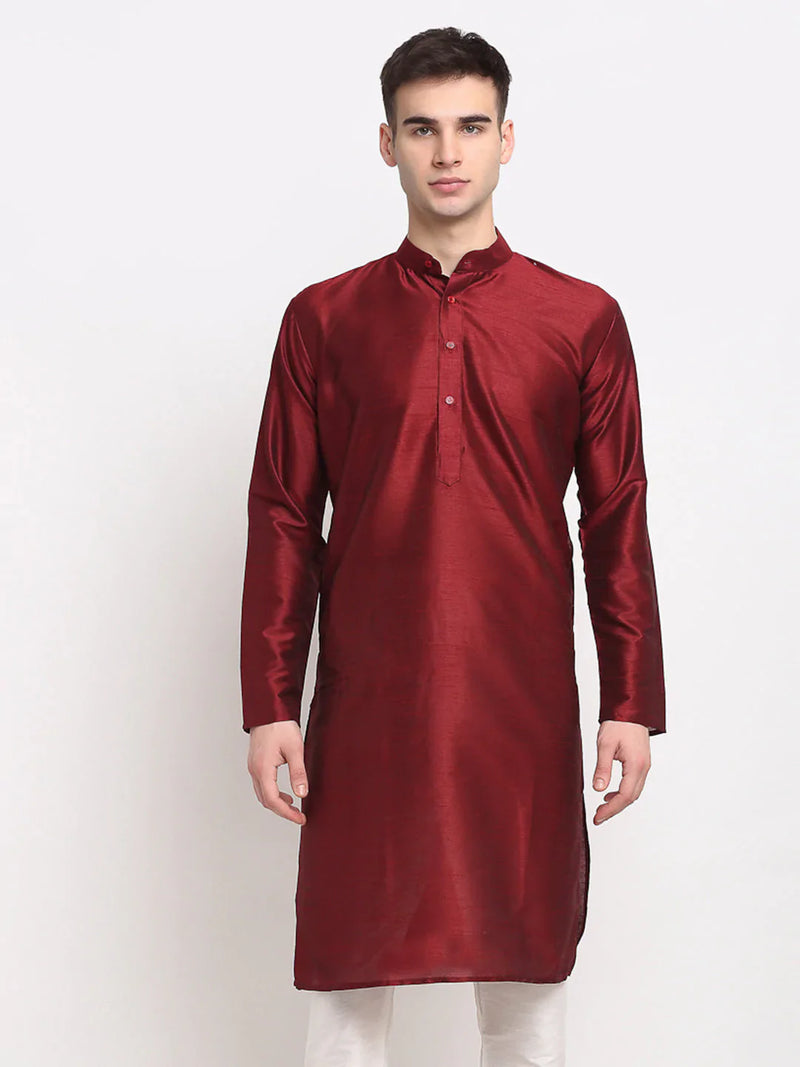 Jompers Men's Maroon Solid Dupion Silk Kurta Only ( KO 636 Maroon )