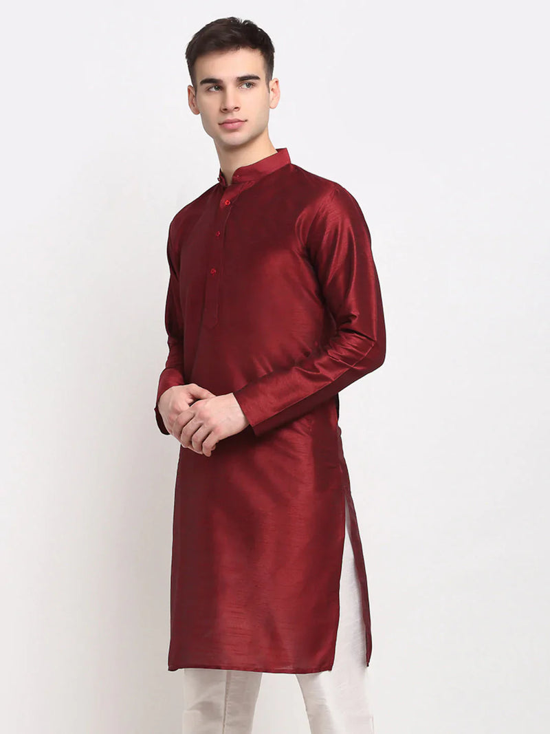 Jompers Men's Maroon Solid Dupion Silk Kurta Only ( KO 636 Maroon )