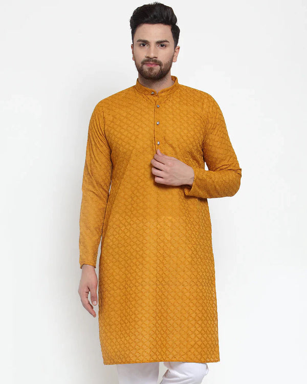 Jompers Men Mustard Chikan Kurta Only ( KO 561 Mustard )