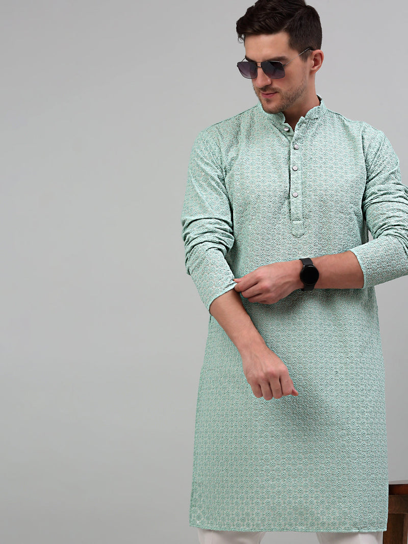 Men's Green Chikankari Embroidered and Sequence Kurta Only