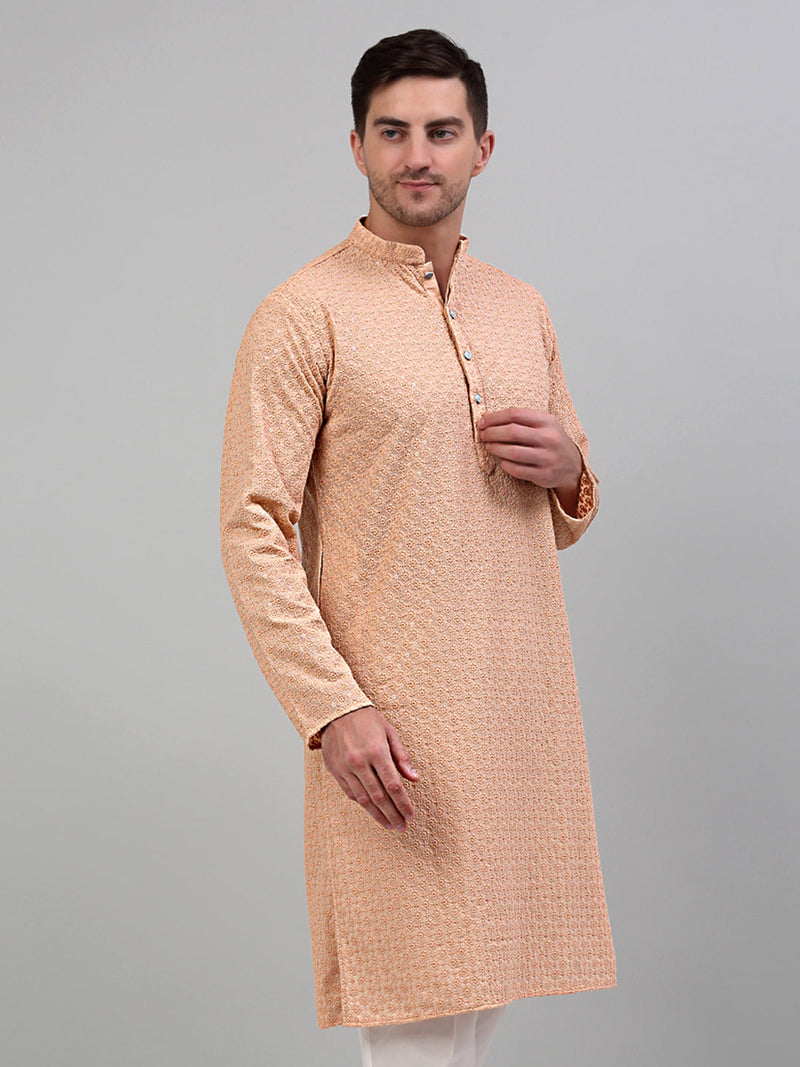 Men's Peach Chikankari Embroidered and Sequence Kurta Only