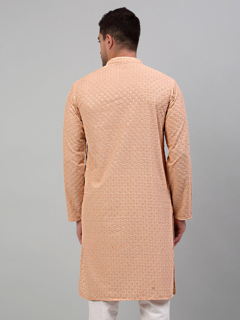 Men's Peach Chikankari Embroidered and Sequence Kurta Only