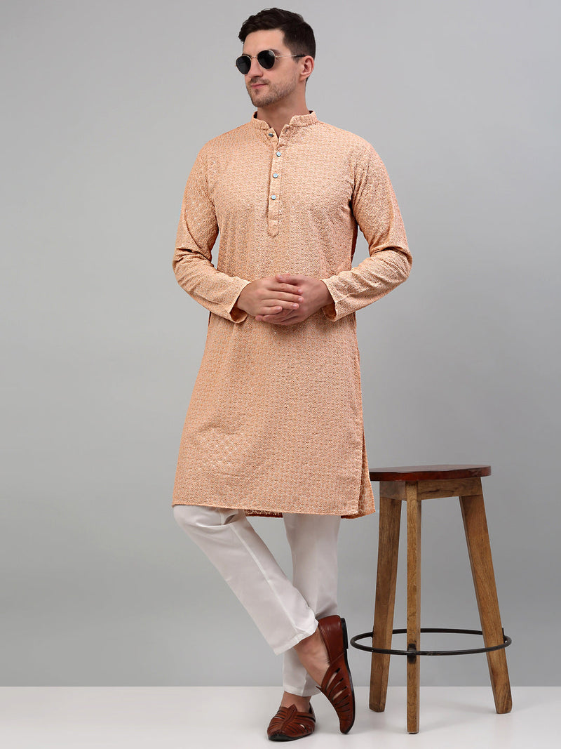 Men's Peach Chikankari Embroidered and Sequence Kurta Only