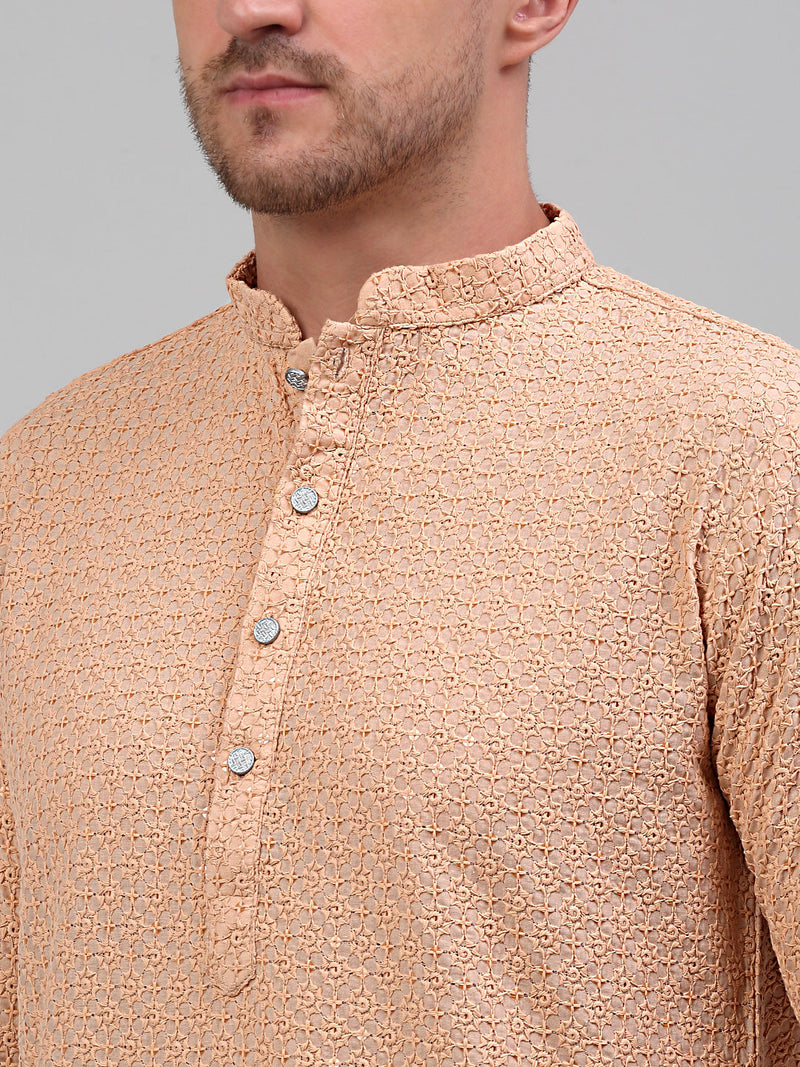 Men's Peach Chikankari Embroidered and Sequence Kurta Only