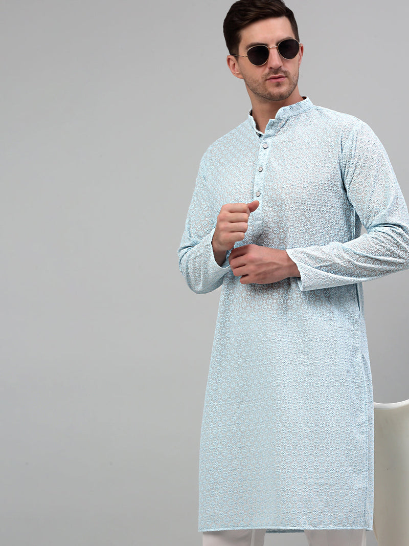 Men's Sky Blue Chikankari Embroidered and Sequence Kurta Only