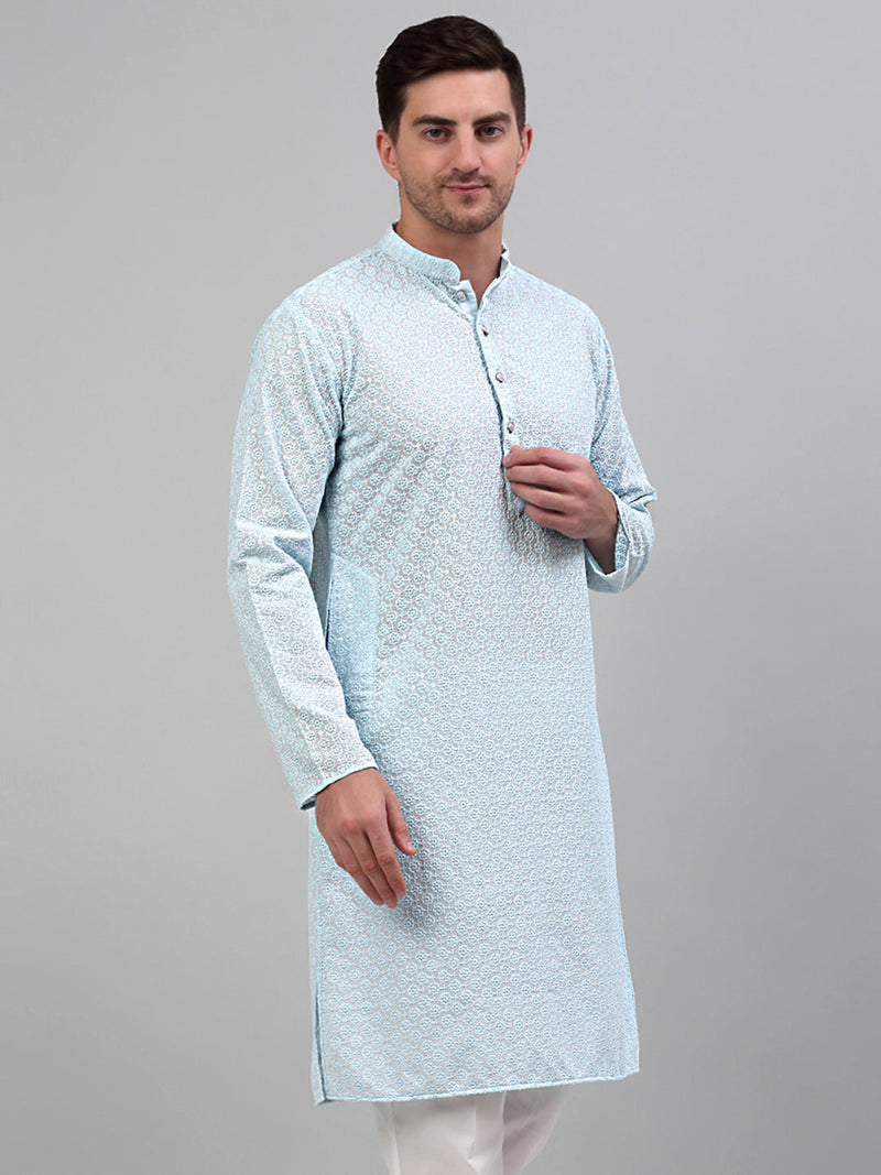 Men's Sky Blue Chikankari Embroidered and Sequence Kurta Only