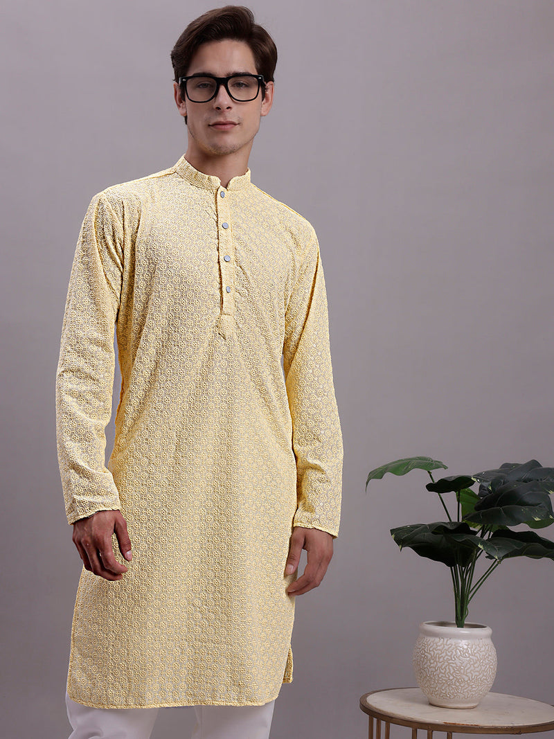 Men's Yellow Chikankari Embroidered and Sequence Kurta