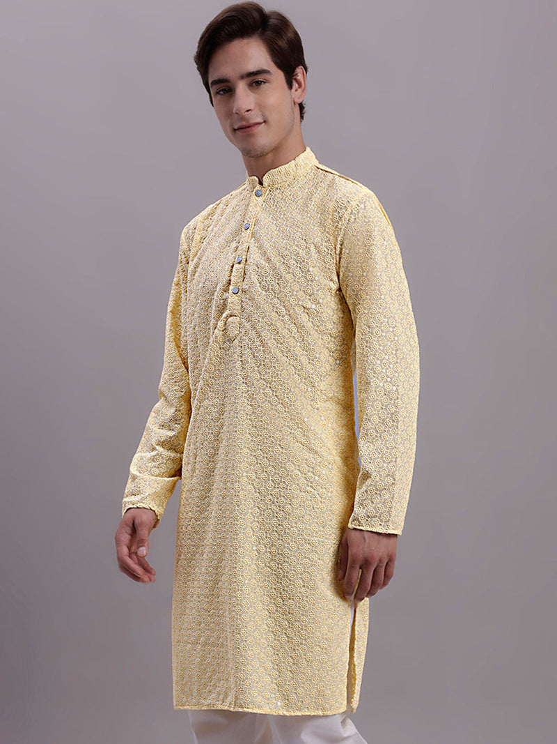 Men's Yellow Chikankari Embroidered and Sequence Kurta