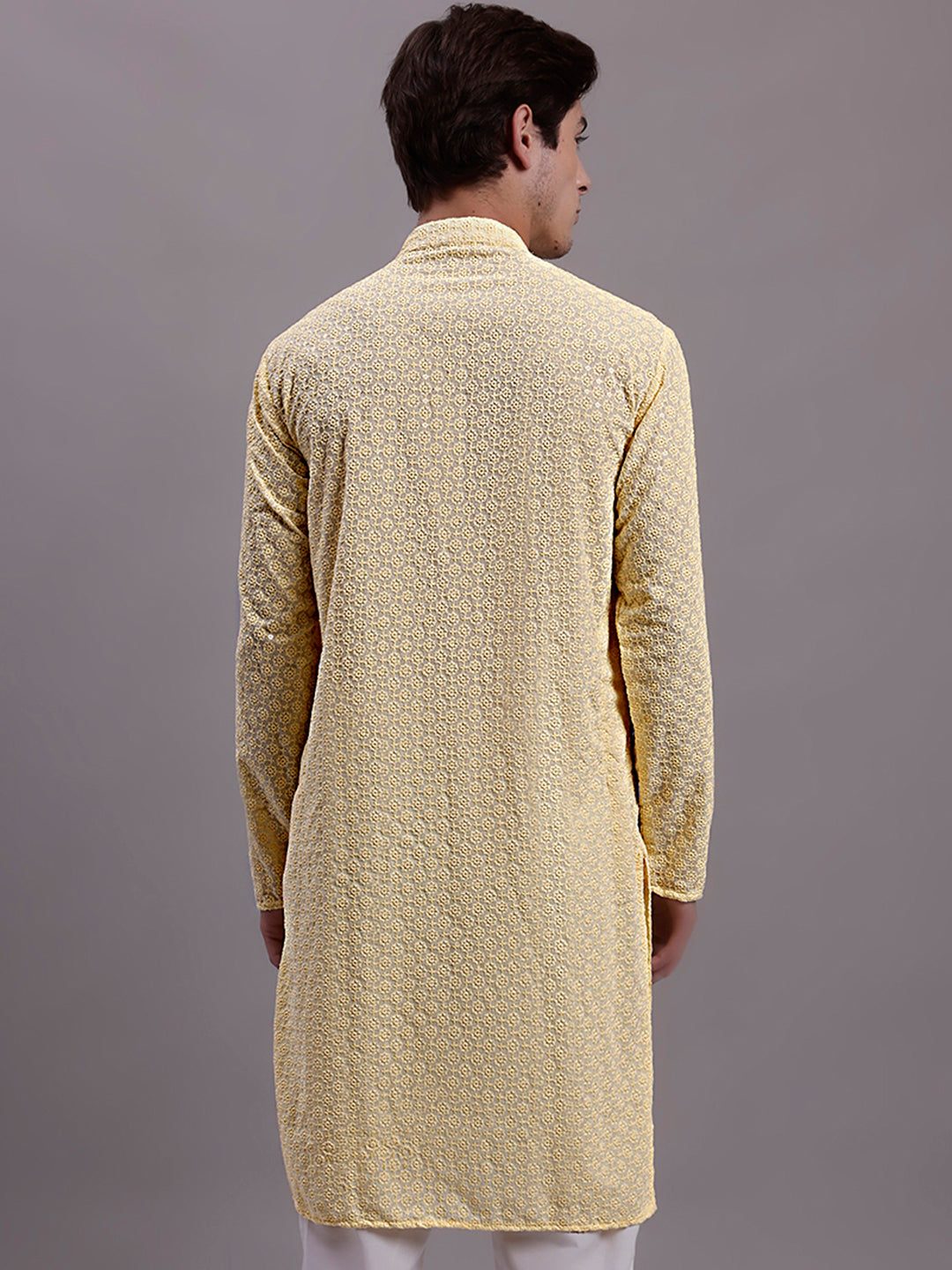 Men's Yellow Chikankari Embroidered and Sequence Kurta