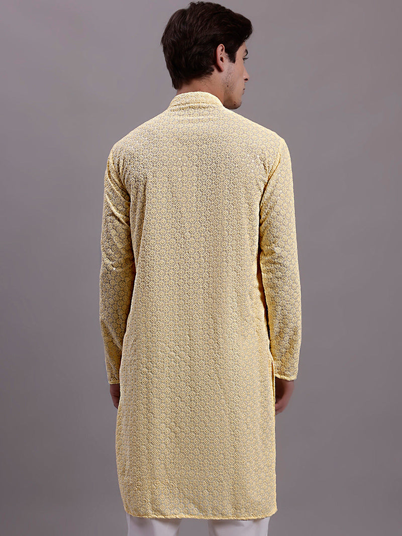 Men's Yellow Chikankari Embroidered and Sequence Kurta