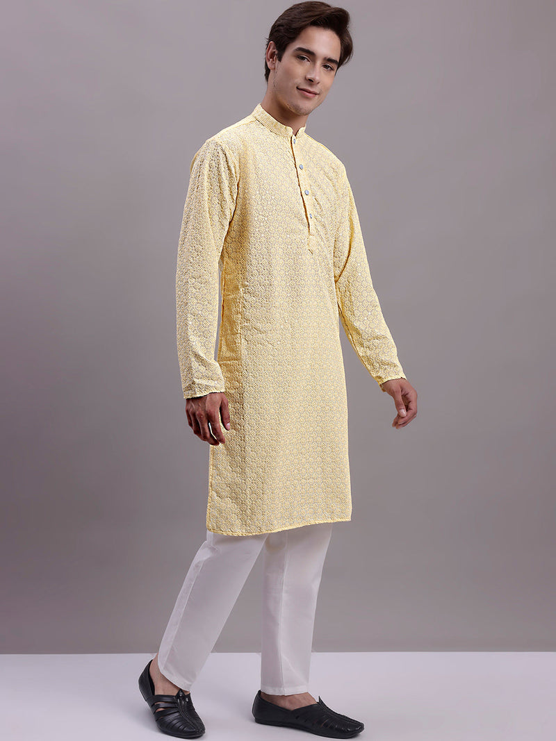 Men's Yellow Chikankari Embroidered and Sequence Kurta