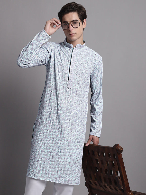 Men's Blue Chikankari Embroidered and Sequence Kurta