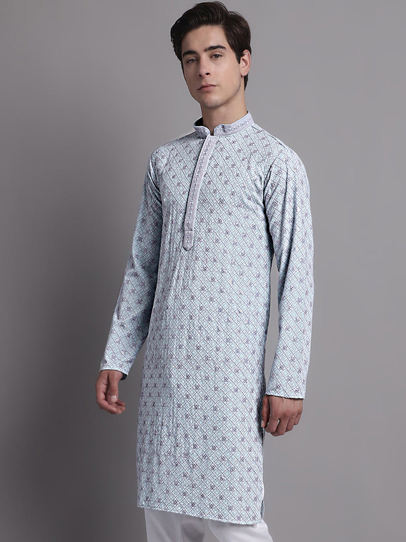 Men's Blue Chikankari Embroidered and Sequence Kurta