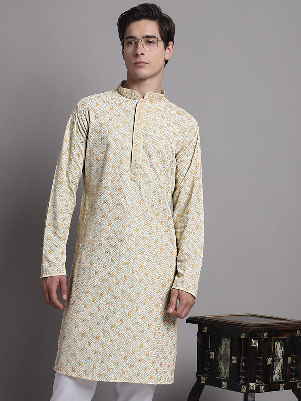 Men's Light Green Chikankari Embroidered and Sequence Kurta