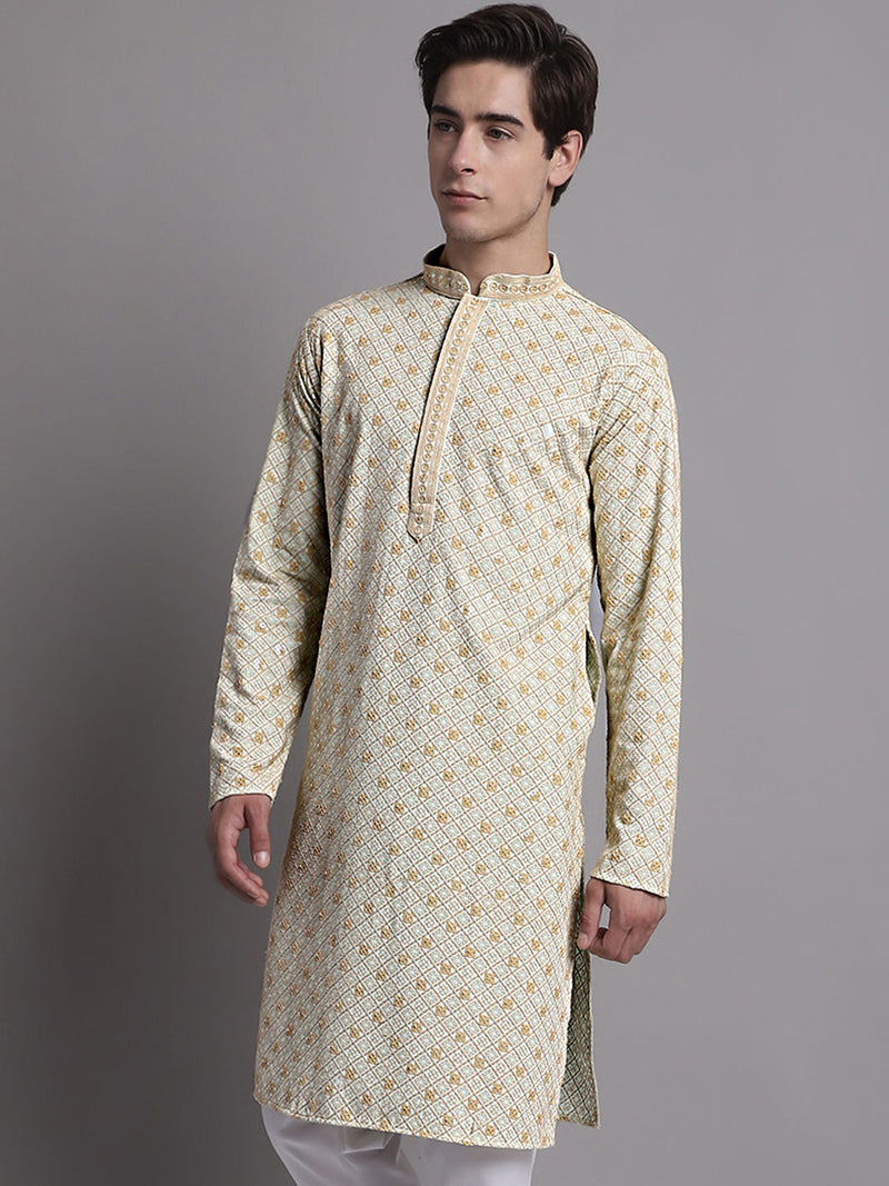 Men's Light Green Chikankari Embroidered and Sequence Kurta