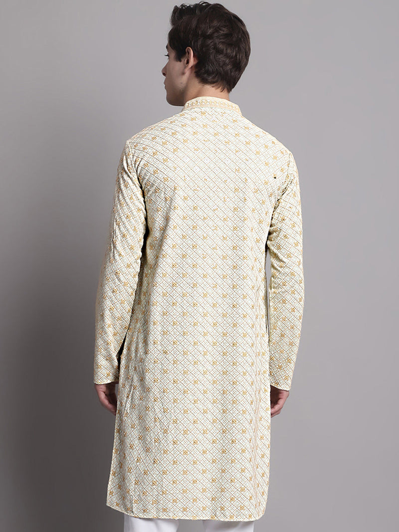 Men's Light Green Chikankari Embroidered and Sequence Kurta