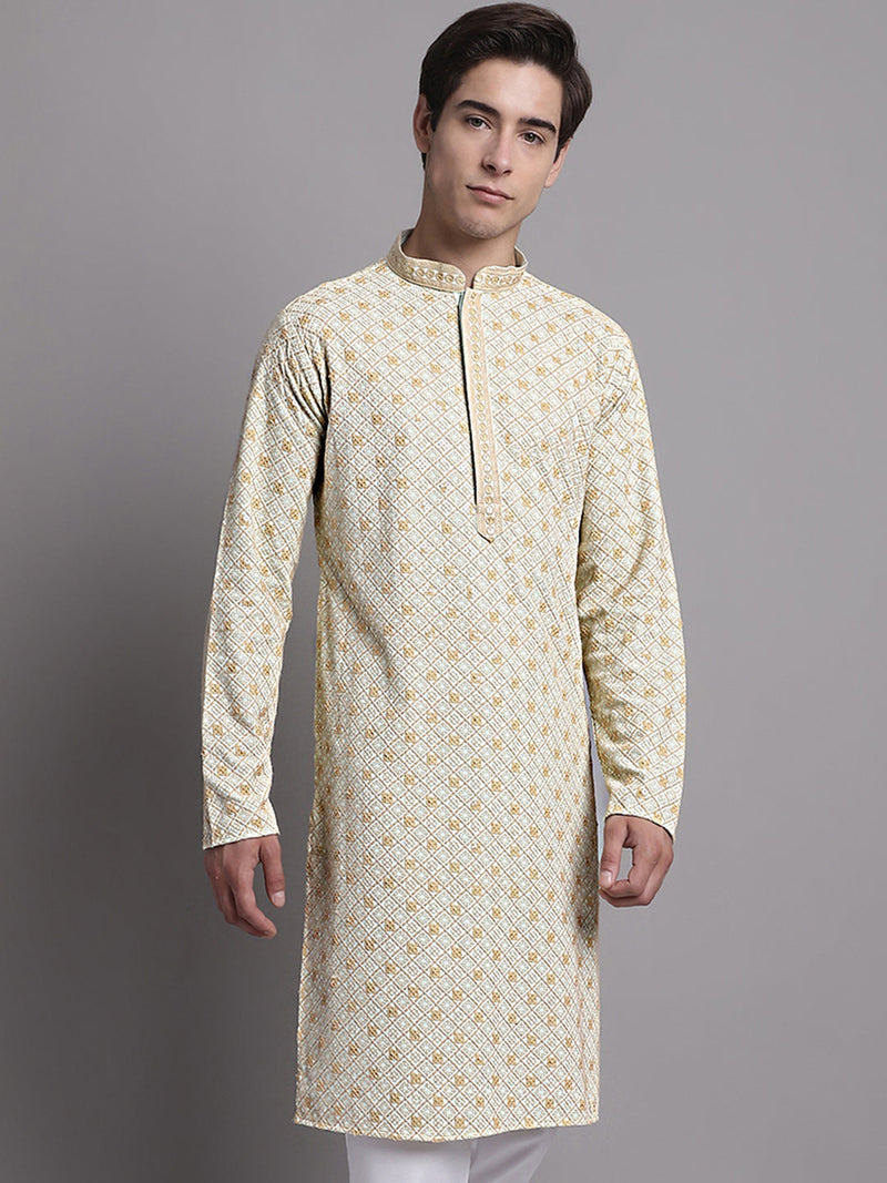 Men's Light Green Chikankari Embroidered and Sequence Kurta