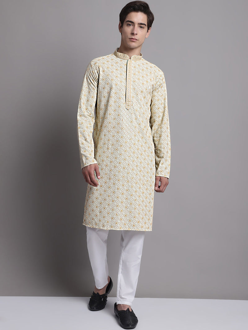 Men's Light Green Chikankari Embroidered and Sequence Kurta