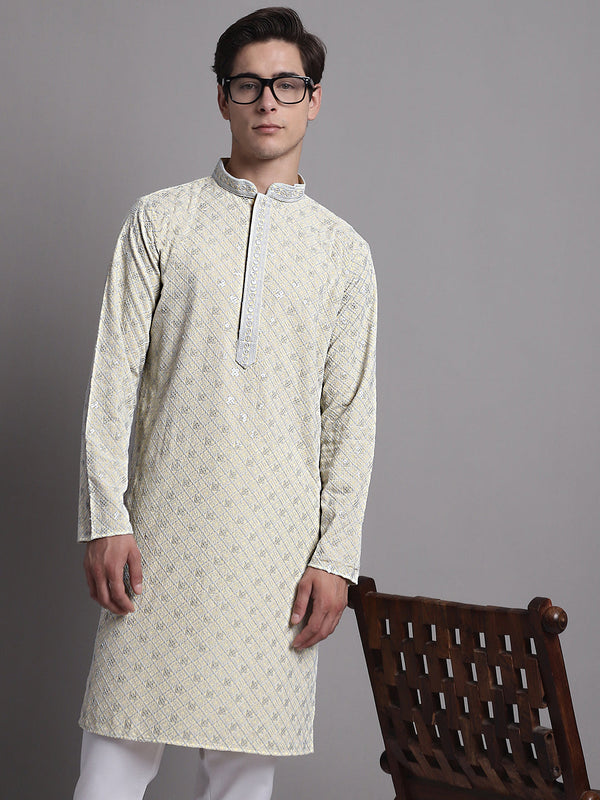 Men's Yellow Chikankari Embroidered and Sequence Kurta