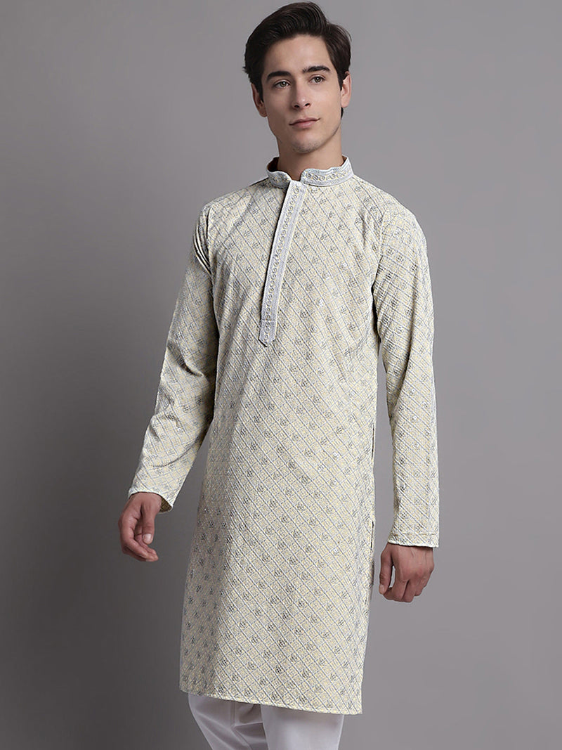 Men's Yellow Chikankari Embroidered and Sequence Kurta