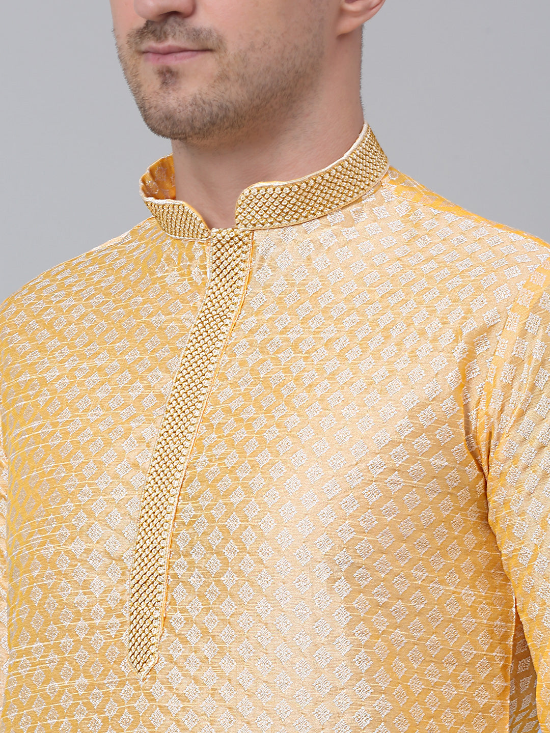 Men's Golden Collar Embroidered Kurta.