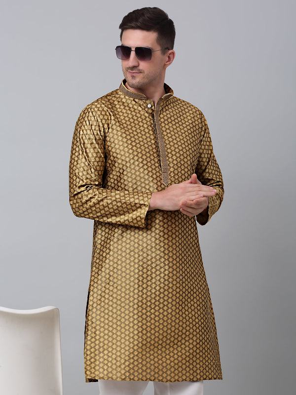 Men's Mustard Collar Embroidered Kurta.