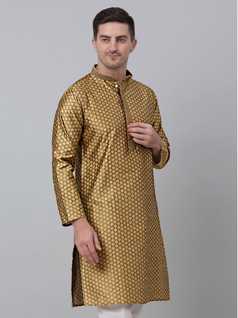 Men's Mustard Collar Embroidered Kurta.