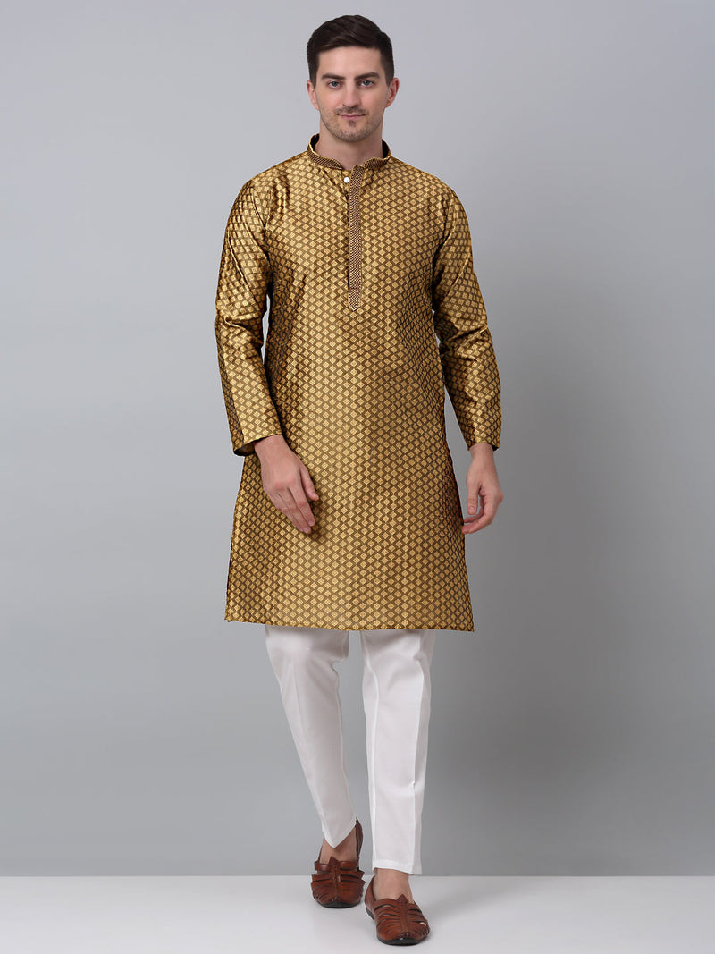 Men's Mustard Collar Embroidered Kurta.