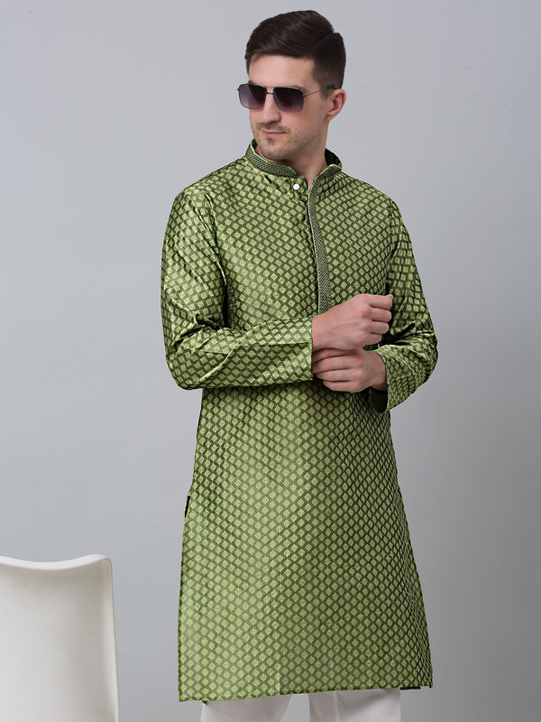 Men's Olive Green Collar Embroidered Kurta.