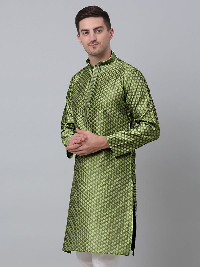 Men's Olive Green Collar Embroidered Kurta.